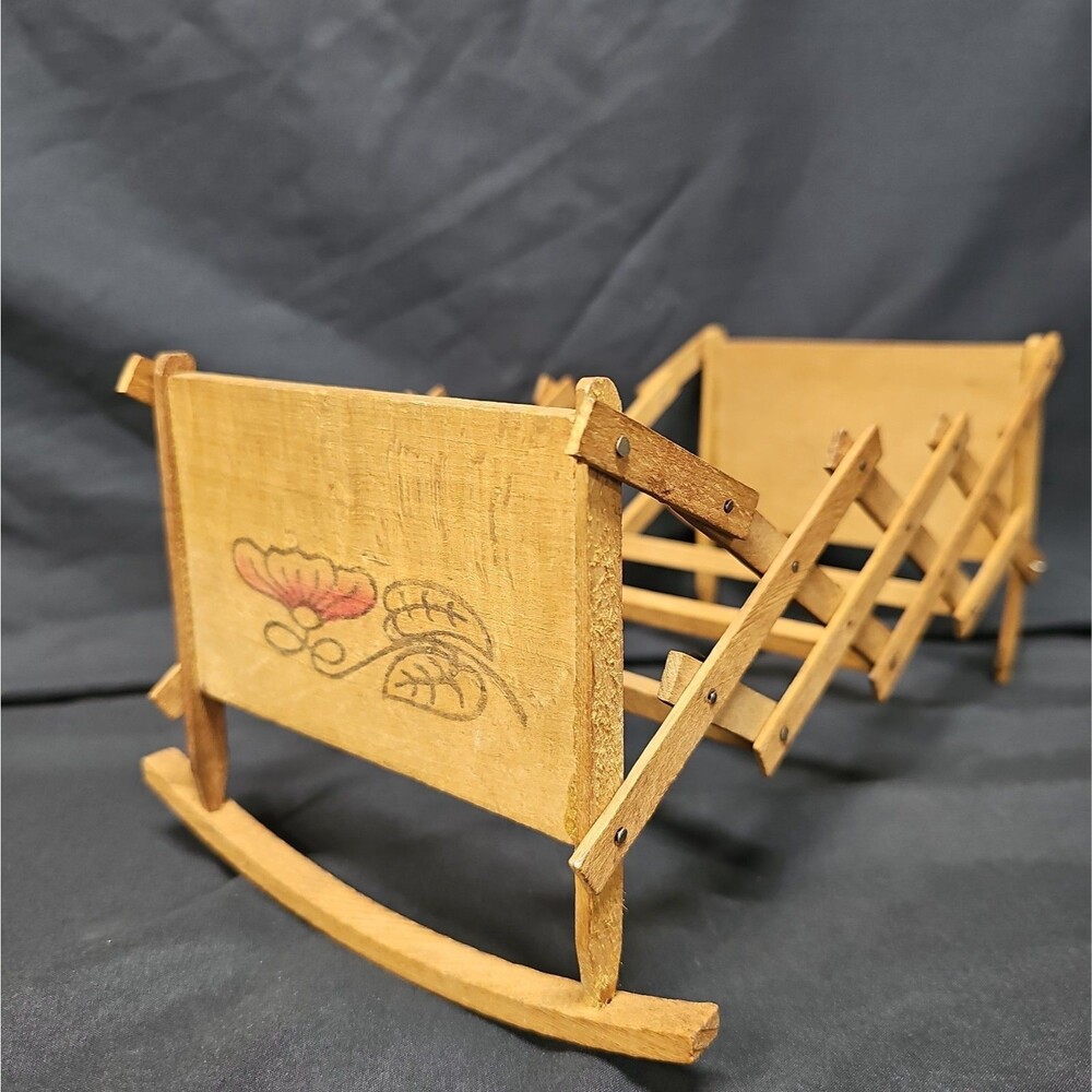 Antique Wood Doll Bed Accordion Style Wood Folding Doll Bed Cradle Rocker